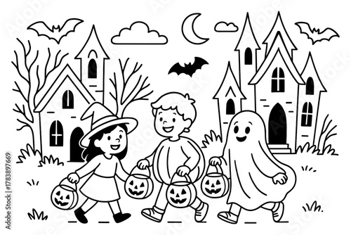 Children trick or treating with pumpkin lanterns on halloween night