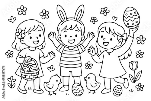 Cute children celebrating easter with eggs and chicks in springtime scene