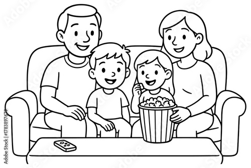 Happy family watching movie together on couch with popcorn