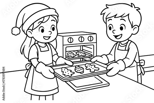 Children baking christmas cookies in kitchen, holiday baking, kids in aprons and santa hat