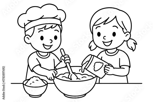 Children baking together coloring page