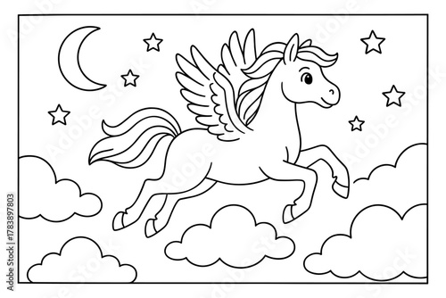 Magical pegasus flying through nighttime sky with stars and clouds coloring page