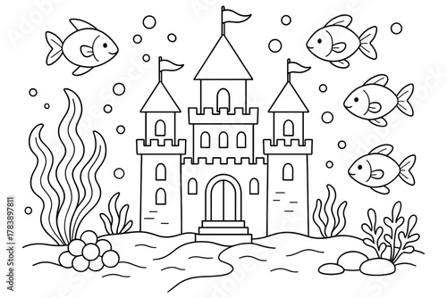Underwater castle adventure with playful fish and seaweed in charming outline style