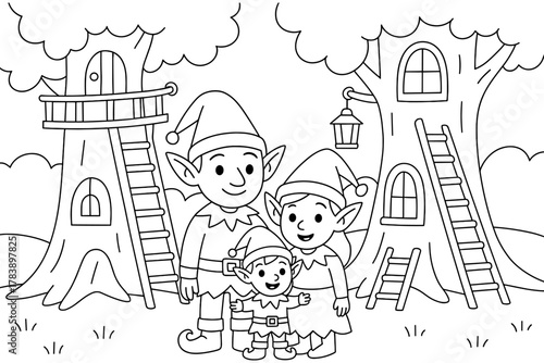 Charming elf family in forest with treehouses in linear black and white art