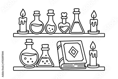 Linear witchcraft elements with potions, candles, and book of spells on shelves