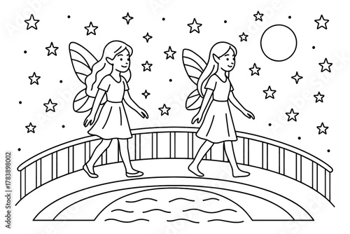 Whimsical fairy twins crossing bridge under starry night sky in line art