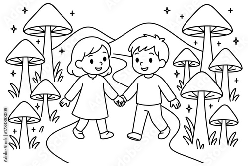 Cute children walking hand in hand in a magical forest with giant mushrooms