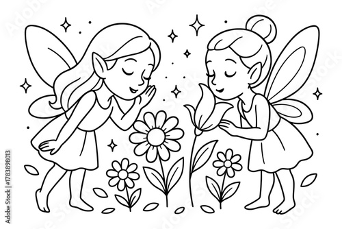 Whimsical fairy coloring page with flowers and stars for kids