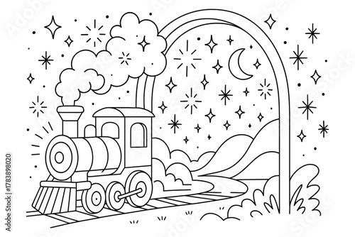 Whimsical train journey through nighttime stars in linear art style