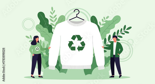 Sustainable fashion concept with people holding a white sweater featuring a green recycling symbol surrounded by lush green leaves and plants.