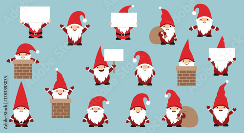 A collection of cute Christmas gnomes in various poses, some holding blank signs, others in chimneys, on a light blue background.