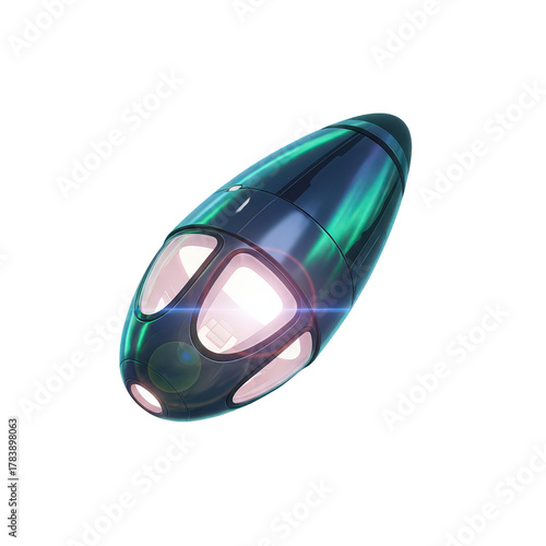 A sleek and futuristic escape pod isolated on transparent background, featuring a streamlined design and glowing windows, suggesting advanced technology