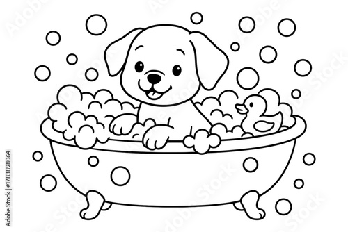 Playful puppy bath time with bubbles and duck in black and white linear art