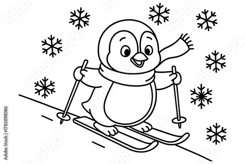 Adorable penguin skiing in snowy winter landscape line drawing for coloring