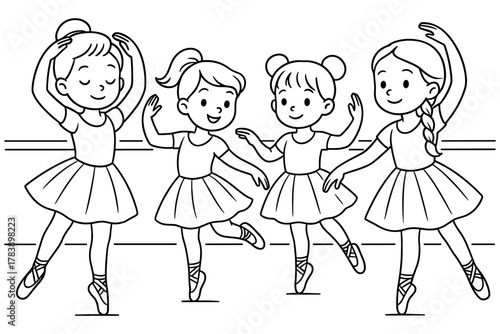 Children practicing ballet: cute cartoon dancers in action