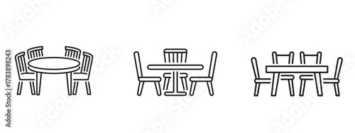Simple line art illustrations of dining tables with chairs for different seating arrangements