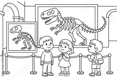 Kids exploring dinosaur skeleton exhibit in museum coloring page