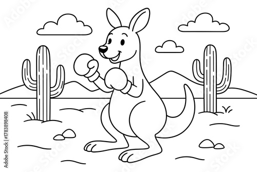 Cartoon kangaroo boxing in desert with cactus and clouds outline art