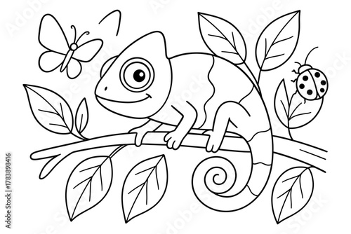 Cute chameleon and insects on a branch coloring page for kids
