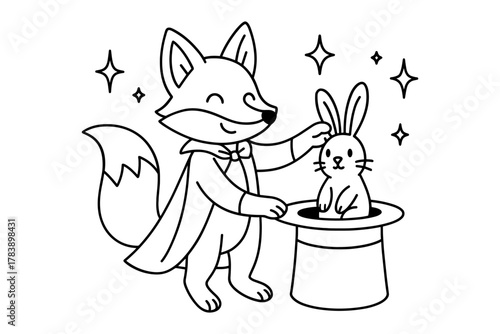 Cute fox magician with rabbit in hat outline for kids coloring page