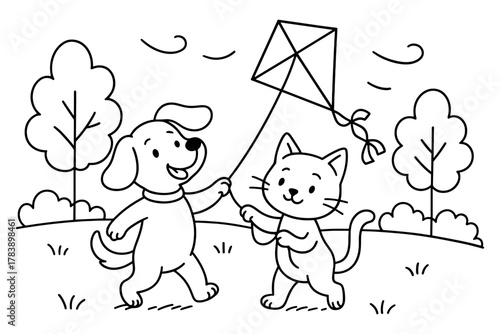 Playful dog and cat flying kite in park coloring page for kids
