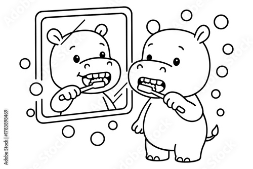 Cute hippo brushing teeth - fun coloring page for kids