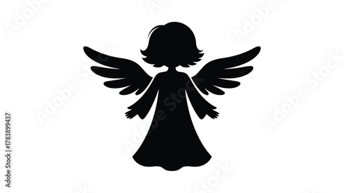 A charming black silhouette of a young girl with large feathered wings dressed in a flowing gown representing an angelic figure silhouette
