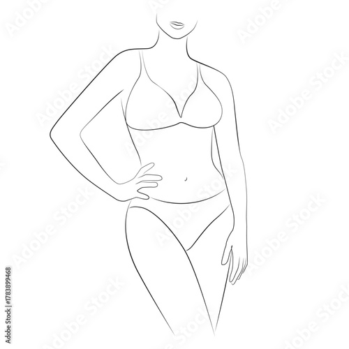Woman poses in a bra and panties line drawing on white isolated background. A model demonstrates lingerie