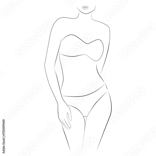 Woman poses in a bra and panties line drawing on white isolated background. A model demonstrates lingerie