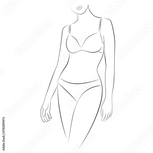 Woman poses in a bra and panties line drawing on white isolated background. A model demonstrates lingerie