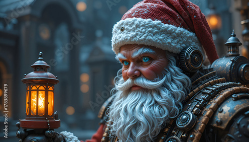 Steampunk santa claus holding a lantern with a determined expression in winter