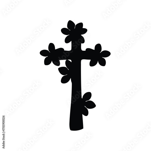 Black silhouette vector illustration of a Christian cross adorned with stylized leaves or flowers, symbolizing faith, spirituality, and nature, ideal for religious designs and graphic resources.