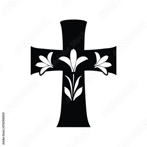 Elegant Black Christian Cross Vector Illustration with White Lily Floral Design, Religious Symbol for Easter, Funerals, and Spiritual Themes