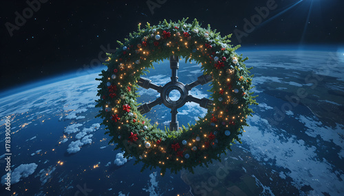 A festive space station adorned with a christmas wreath orbits above earth