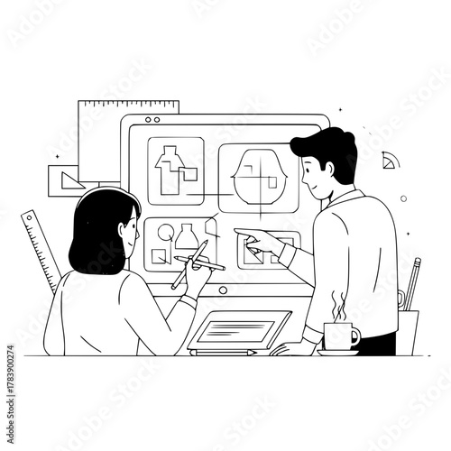 Two professional designers collaboratively creating interactive user interface designs on a computer monitor in a modern studio environment for effective landing page optimization