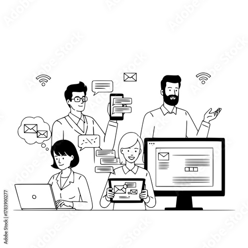 Business professionals group actively communicating using various digital devices in a modern online environment filled with messages and wifi symbols illustrating seamless connectivity