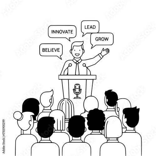 Confident male speaker enthusiastically delivers an inspiring business pitch with innovative growth words to an attentive audience in a conference setting for a landing page