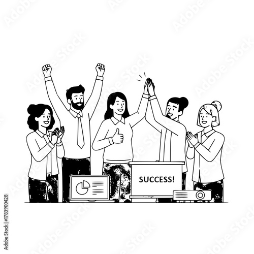 Excited diverse business team achieving project success celebrating with high fives and applause in a modern workplace with presentation equipment