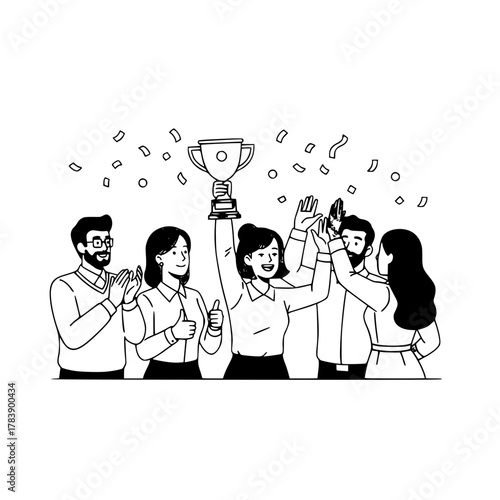 Diverse happy successful business team celebrates achievement holding a trophy with high fives confetti and applause in a joyful corporate recognition event