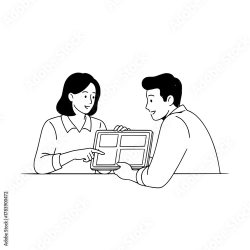 Two professional individuals collaborating on a digital landing page layout displayed on a tablet in a minimalist line art illustration
