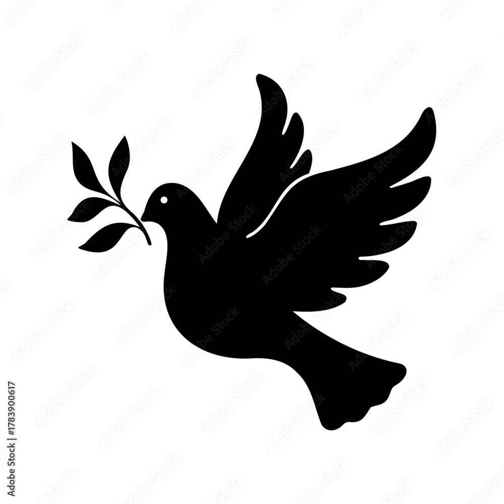 Fototapeta premium Black Silhouette of a Flying Dove with an Olive Branch Vector Illustration for Peace, Hope, and Freedom Concepts
