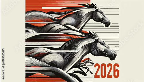 Dynamic running horses in a bold graphic novel style representing speed for the year 2026