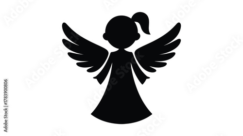 A stylized black silhouette of a young girl with a ponytail and large feathered wings representing an angelic figure or a whimsical character silhouette