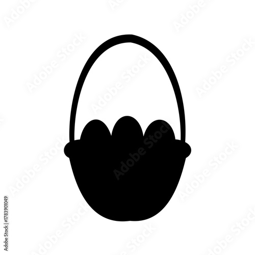 Simple black silhouette vector icon of an Easter basket filled with three eggs, perfect for holiday designs, greeting cards, and web graphics.