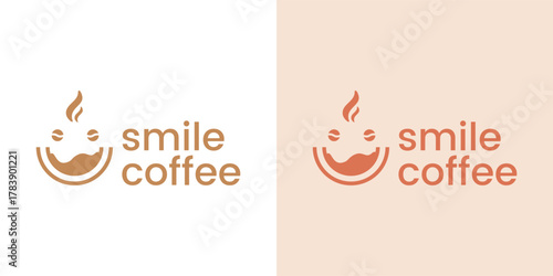 Minimalist and cheerful logo of a coffee cup forming a smiling face with coffee bean eyes, ideal for cafes, roasters, or beverage brands.