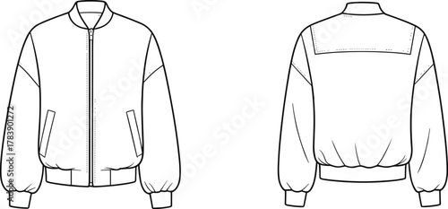 Bomber jacket technical sketch, front and back view, ribbed collar, welt pockets, zipper closure, raglan sleeves, fashion illustration, garment construction drawing