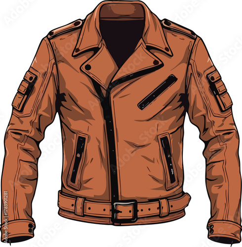 Brown leather biker jacket with asymmetrical zipper and belted waist vector illustration