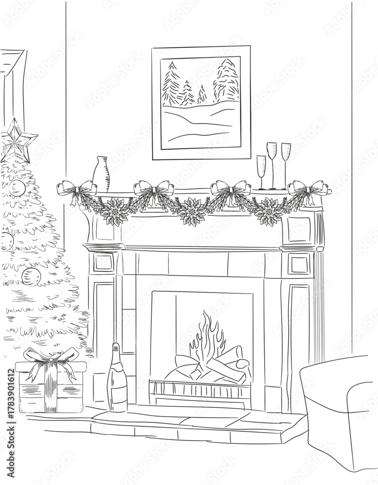 Fototapeta premium A cozy New Year's scene sketch featuring a fireplace with roaring flames, festive Christmas tree with ornaments, and glasses of champagne, capturing warm holiday cheer and celebration in a charming, i