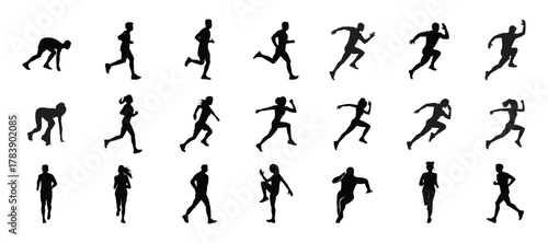 Man running silhouette. Run, running men and women, group of isolated vector silhouettes.