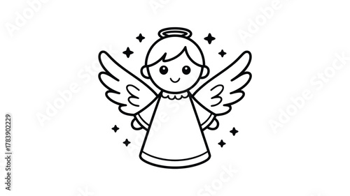 Charming hand drawn cartoon angel with outstretched wings and halo surrounded by sparkling stars in a simple outline silhouette style